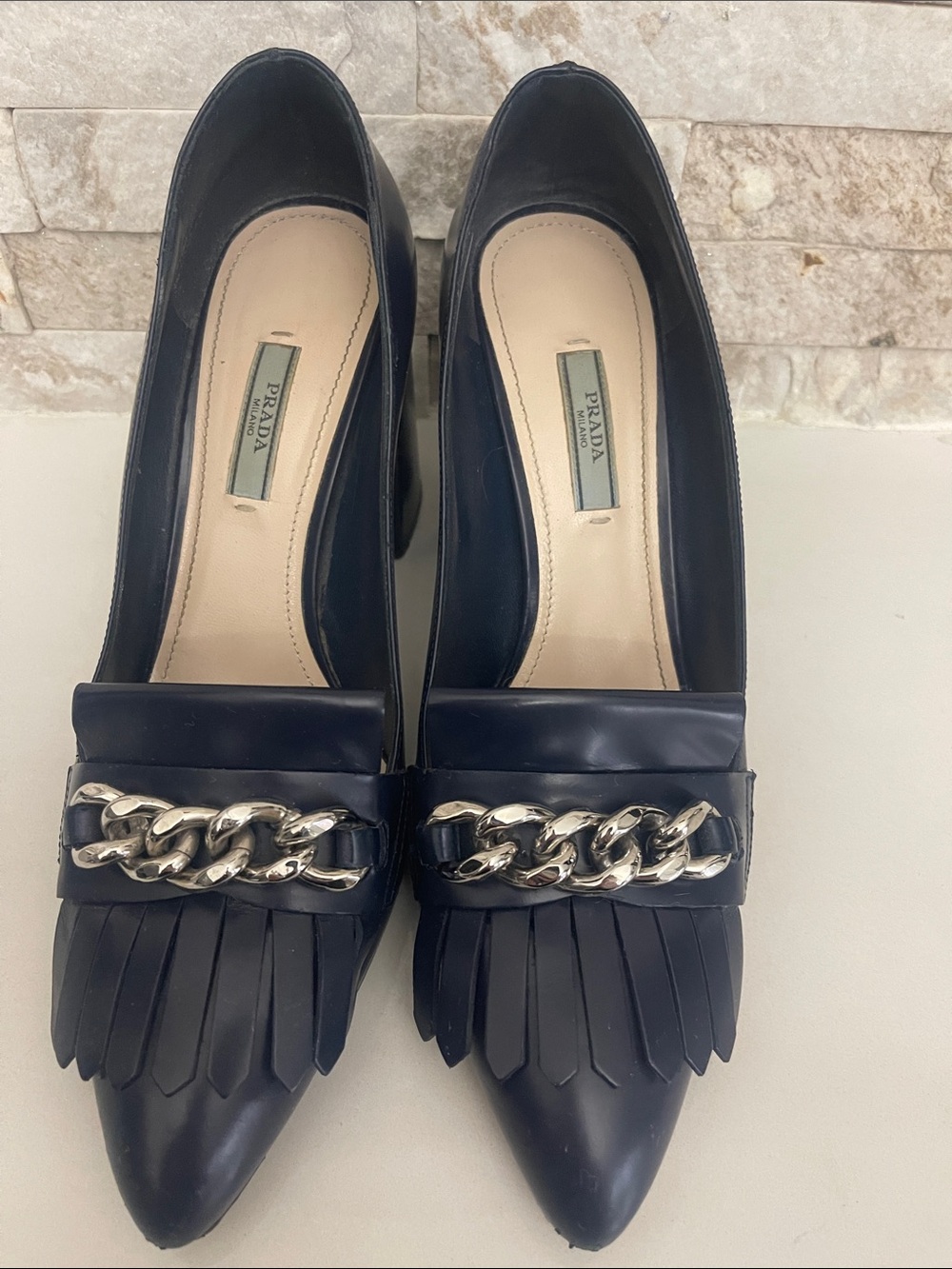 $550 Prada Heeled Leather Loafer Pumps Navy 40.5